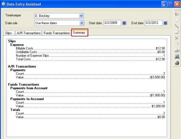 Timeslips Data Entry Assistant screen