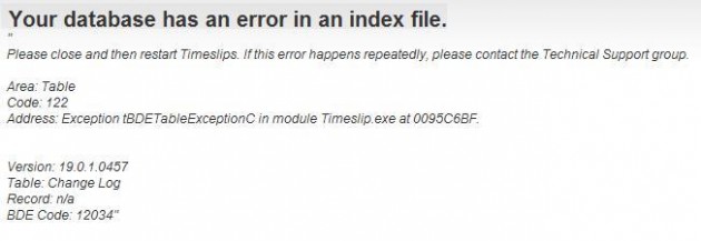 Your database has an error in an index file.