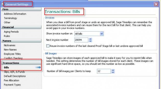 General Settings: Transactions/Bills Tab